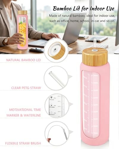 32 oz Glass Water Bottles with Straw, Water Bottle with Time Marker
