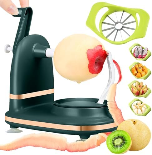Manual Hand Crank Apple Peeler, Corer and Slicer – Suction Non Slip Counter Grips - Stainless Steel Blades – Peels, Cores and Cuts in Seconds for Home Kitchen (green, apple cutter 12 slices)