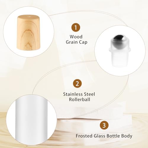 20 Pack 10ml White Frosted Glass Roller Bottles with Wood Grain Caps Roll-On Containers for Skincare and Liquid Blends - Image 3