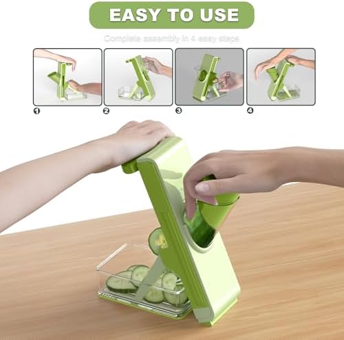 Eletronova Safe Mandoline Slicer for Kitchen, Vegetable Slicer with Container, French Fry Cutter, All in 1 Julienne Slicer for Potato, Thickness Adjustable, Detachable Blade, Dishwasher Safe（Green） - Image 4