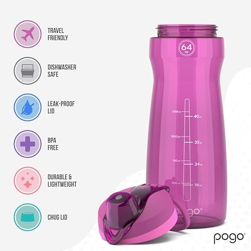 Pogo 64oz Plastic Water Bottle with Chug Lid and Carry Loop, Fuchsia - Image 3