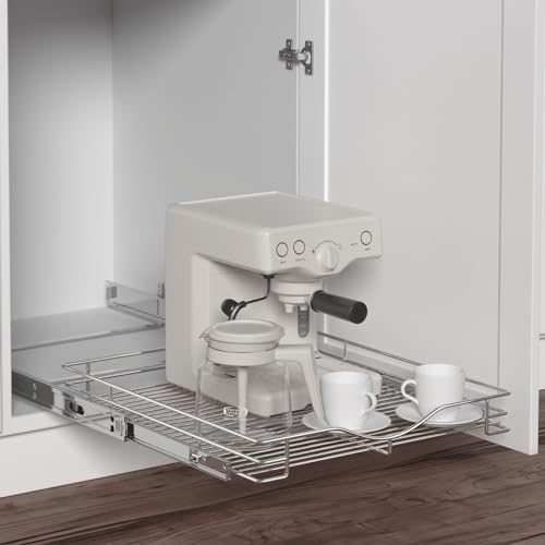 1 Tier Pull Out Cabinet Organizer (17" W x 21" D) Heavy-Duty Metal Sliding Drawer Shelf, Slide Out Wire Basket for Kitchen Cabinets, Pantry, Bathroom, Chrome Finish…