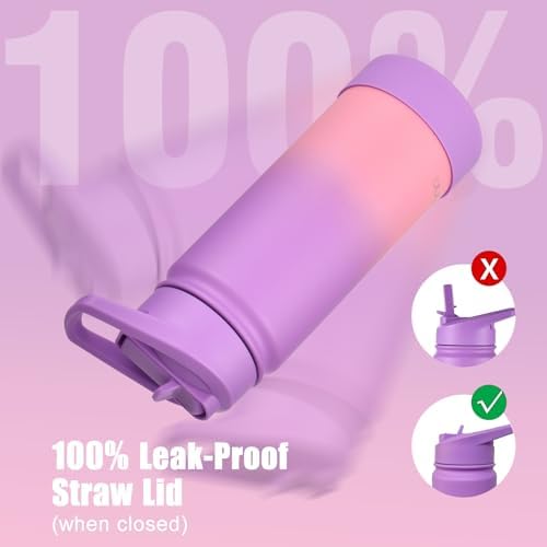 Kids Water Bottle for School, 16oz Stainless Steel Insulated Water Bottle Kids with Straw Lid for Girls, Boys (Purple/Pink)