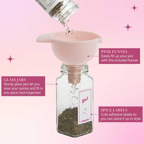 Glass Spice Jar Storage Set, 4-Ounce Empty Spice Jars with Labels, Shaker Caps and Metal Lids, Collapsible Funnel Included, 20-Piece, Pink