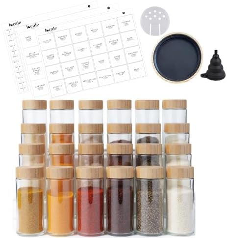 24 pcs Modern Round Glass Spice Jars 120ml with Bamboo Lids and 360 labels- Empty Spice Containers with Shaker Lids and Funnel, Airtight Storage Jars for Spices, Herbs, Seasonings