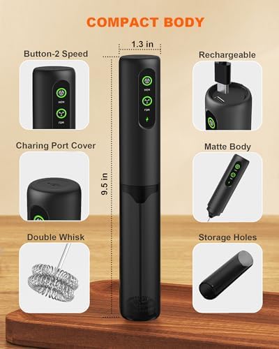 2-Speed Rechargeable Milk Frother Handheld, Black - Image 2