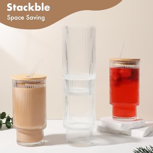 Glass Cups with Bamboo Lids and Straws - 16 oz Reusable