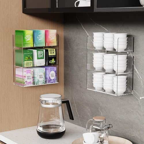 Acrylic Tea Bag Organizer, 3 Layers Tea Bag Holder for Tea Packets, No Assembly Required, Wall Mount Display Tea Caddy for Countertop or Cabinet, 9 Slots, Clear