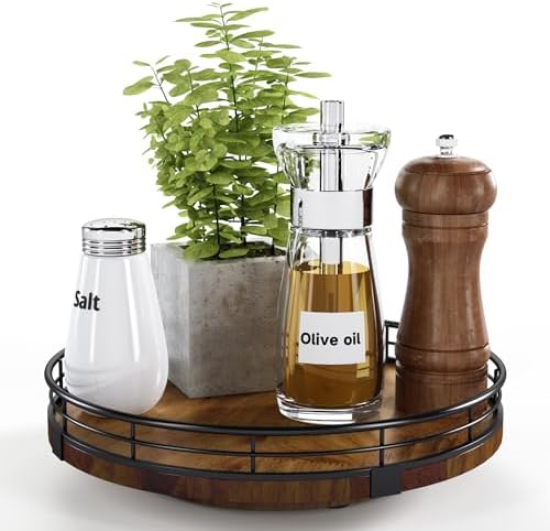 9-Inch Farmhouse Oak Wood Lazy Susan Organizer for Table Top, Walnut