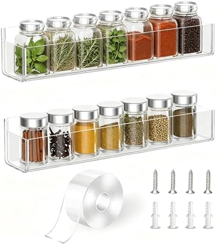 Adhesive Acrylic Spice Rack Organizer for Wall with Nano Double Sided Tape, Spice Shelf Organization for Kitchen Cabinet Door/Pantry Door, Wall Mount Seasoning Rack (Clear-2 Pack)