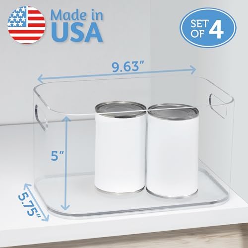 Bliss 10" x 6" Open Clear Pantry Organizer Bin, Set of 4, Plastic Containers with Handle for Kitchen, Fridge, Cabinet, Closet, Bathroom, Undersink Storage Made in USA