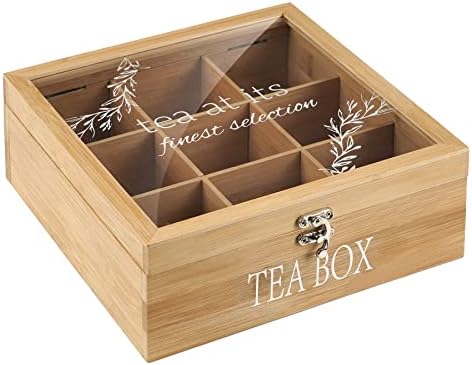Bamboo Tea Box Organizer,Rustic Tea Storage with 9-Slot