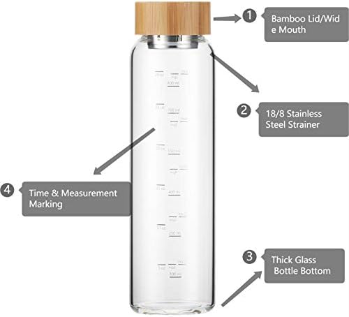 Glass Water Bottle 32 oz Wide Mouth with Sleeve Bamboo Lid Motivational Water Bottle With Time Marker Reusable Safe for Hot Cold Drinks Bpa Free (Gray)