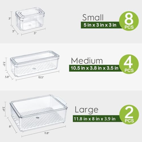 14 Pack Fridge Organizer Bins with Lids, Stackable Clear Storage