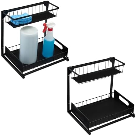 L-Shape Under Sink Storage Pull Out Cabinet Organizer, Space-Saving Design, Durable and Rust-Resistant, Black, Pack of 2