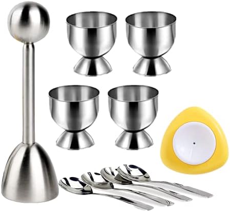 10 Pcs Egg Cups for Soft Boiled Eggs, Egg Cracker Topper Set for Raw Hard Boiled Eggs, 4X Egg Spoons, 4X Egg Cups, 1x Magnet Egg Piercer, 1x Stainless Steel Egg Topper Egg Guillotine