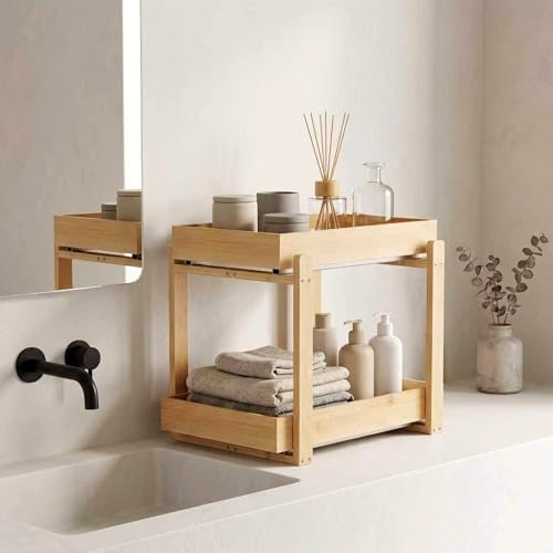 Bamboo Under Sink Organizer Adjustable Height 2 Tier Bathroom Organizer