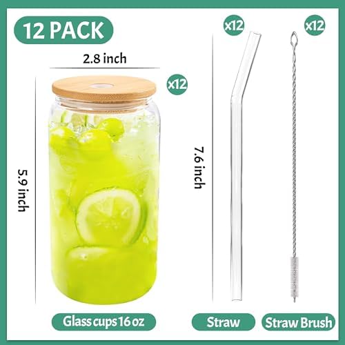 12Pcs Glass Cups with Bamboo Lids and Straws Bulk 16 oz Can Shaped