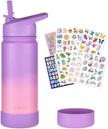 Kids Water Bottle for School, 16oz Stainless Steel Insulated Water Bottle Kids with Straw Lid for Girls, Boys (Purple/Pink)