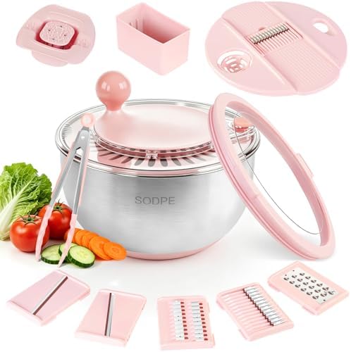 Stainless Steel Salad Spinner Large with 5 Blades Slicer, Lettuce Washer Spinner and Dryer, Vegetable Fruits Chopper Bowl, Egg Yolk Strainer, 5.3Qt Pink