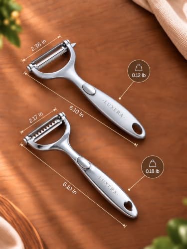 LUXERA Vegetable Peeler Set, 2 Pack Stainless Steel Peelers, Fine Serrated Peeler & 2-in-1 Reversible Julienne Peeler for Potato, Carrot, Apple & More.