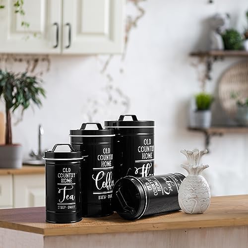 Black Canisters Sets for the Kitchen, Airtight Kitchen Canisters for Countertop, Flour and Sugar Containers, Tea Coffee Sugar Canister Set, Black Kitchen Decor and Accessories, Set of 4