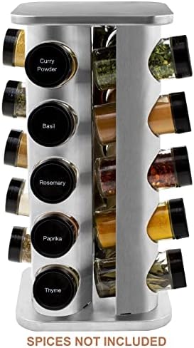 20 Jar Rotating Stainless Steel Spice Rack - No Spices - Black Lids