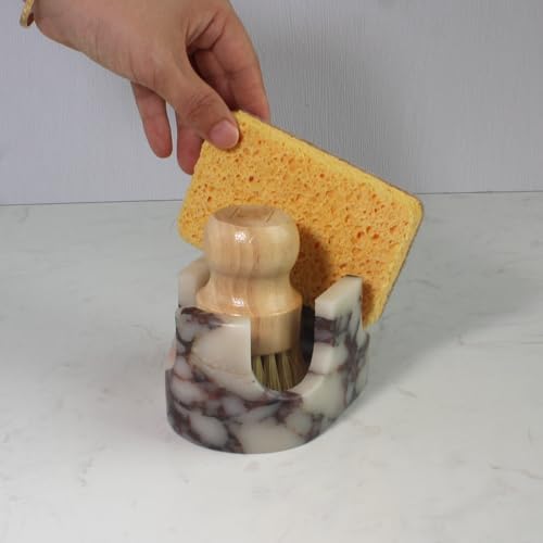 Natural Travertine Marble 2-Slot Sponge Holder for Kitchen Counter, 2-in-1 Stone Drying Rack, Sponge Caddy for Sink Organizer - Calacatta Viola Marble