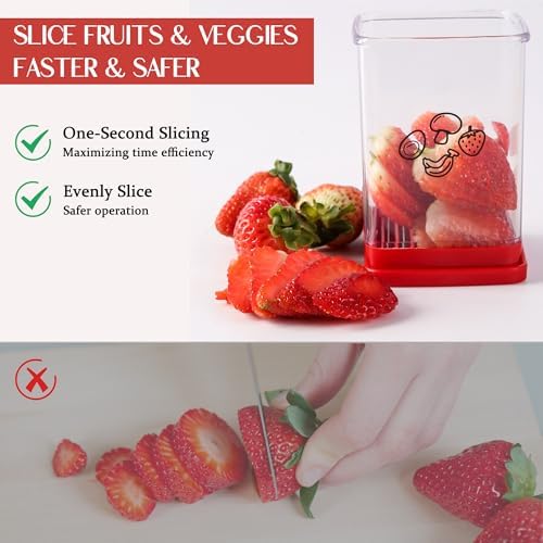 2 Pcs Cup Slicer, Stainless Steel Strawberry & Banana Slicer, Speed Fruit Cutter with Push Plate, Quickly Making Salad, Must Have Kitchen Gadget (Cyan+Red) - Image 2