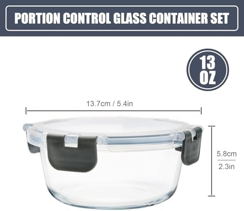 6 Pack 13 oz Small Round Glass Meal Prep Containers with Airtight Lids