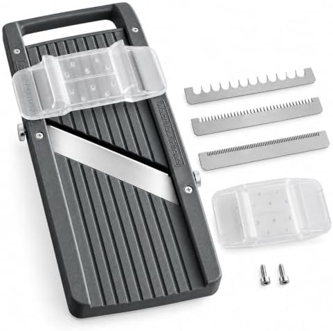 Large Japanese Mandoline Slicer, Gray, Plastic Body, Stainless Steel Blades, 3 Interchangeable Blades, Handheld by GLOWNARY