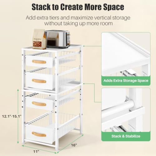 2 Tier Pull Out Cabinet Organizers, Stackable Slide out Drawers, with Sliding Storage Drawer for Kitchen and Bathroom Cabinet Storage, Under Sink or Pantry Organization, White