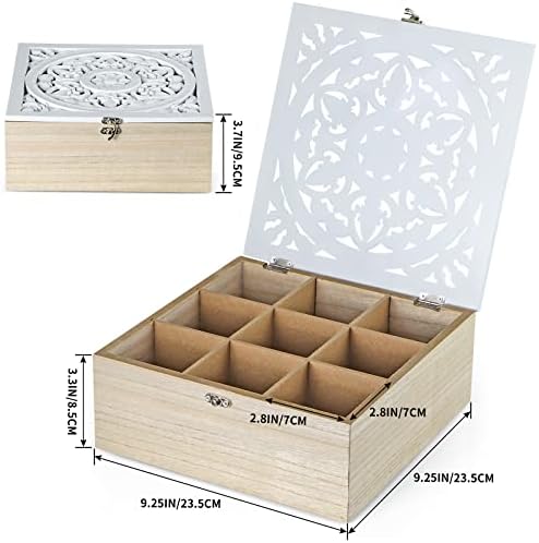 Wood Tea Bag Organizer, 9 Compartment Tea Storage Box with Floral Pattern Lid, Tea Holder Box for Cabinet, Pantry