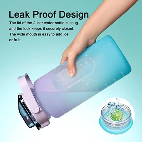 Large Half Gallon 64 OZ Motivational Water Bottle with Straw Time Marker BPA Free for Sport and Fitness Purple Green