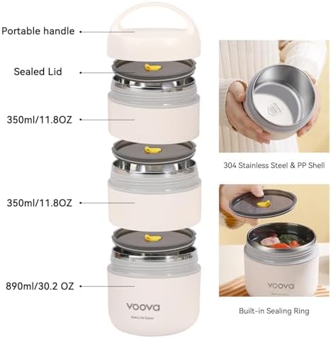 Stackable Stainless Steel Thermal Lunch Box with Lunch Bag and Cultery Set for Adult Women Men, 3 Tier Leakproof & Microwave Safe Insulated Bento Boxes Food Container for Work, Beige
