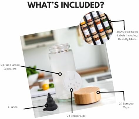 24 pcs Modern Round Glass Spice Jars 120ml with Bamboo Lids and 360 labels- Empty Spice Containers with Shaker Lids and Funnel, Airtight Storage Jars for Spices, Herbs, Seasonings