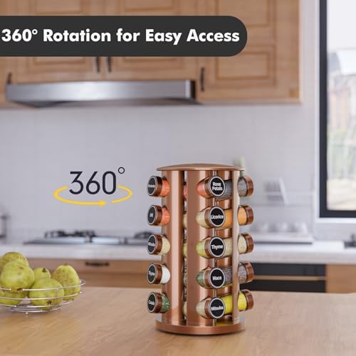 Revolving Spice Rack Set with 20 Spice Jars, Kitchen Spice Tower Organizer for Countertop or Cabinet - Carousel Storage Includes 386 Spice Labels (Gold)
