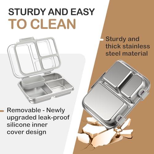 Stainless Steel Bento Lunch Box for Kids Adults, 3 Compartments Metal Bento Box with Transparent Lid & Silicone Container for Kids,Dishwasher-Safe,School & Travel,BPA-Free(Grey)