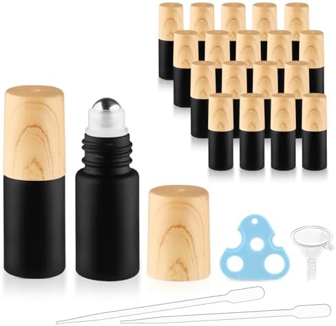 20 Pack 5ml Black Frosted Glass Roller Bottles with Wood Grain Caps Roll-On Containers for Aromatherapy and Perfume by BOSMIOW