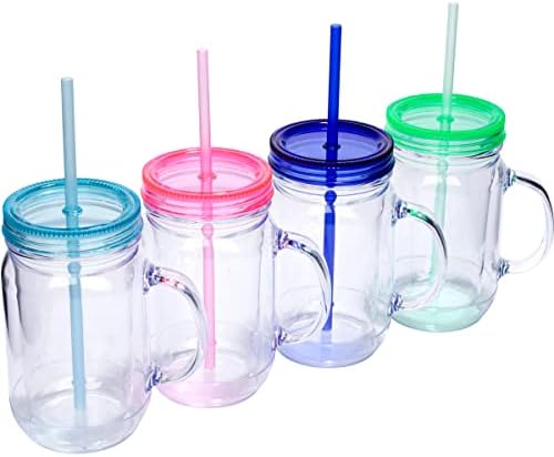 Plastic Mason Jars with Handles, Lids and Straws | 20 oz Double Insulated Tumbler with Straw | 4 Pack Set of 4 | Wide Mouth Mason Jar Mugs | Cups for Kids and Adults…
