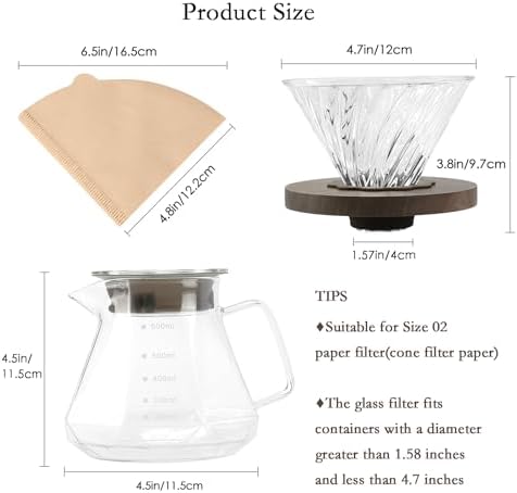 Pour Over Coffee Maker, 20 oz Borosilicate Glass Carafe with 100 pcs V60 Paper Filter, Walnut Handle & Glass Lid, Drip Coffee Maker for Home Café Restaurant Camping, 600 ml, Clear