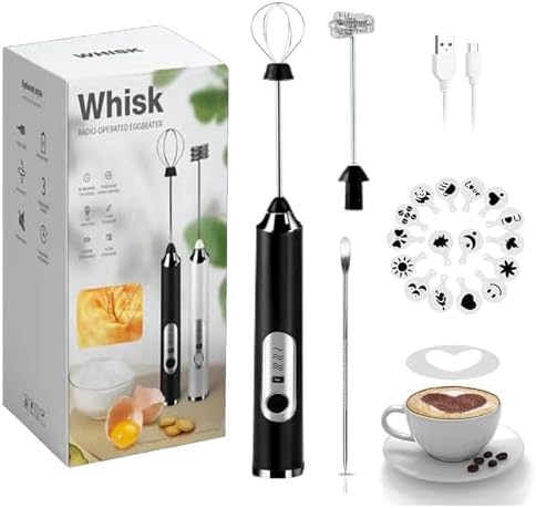 Rechargeable Milk Frother, 3-Speed Electric Handheld Frother with 2 Whisks and Coffee Decoration Tool, Stand-up Design, for Cream, Latte, Cappuccino (Black) by JrundMsoxz