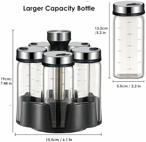 Revolving Spice Rack Organizer, Rotating Seasoning Holder Shelf with 5 Large 200ml Glass Jars for Kitchen Countertop Cabinet