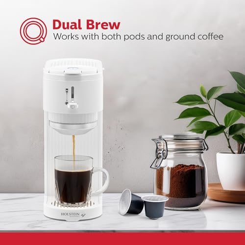 Holstein Housewares 2-in-1 Single Serve Coffee Maker, Dual Brew, Compatible with K-Cup Pods & Ground Coffee, Reusable Filter Included, Compact Drip Coffee Machine, 14oz Tank, Fits Most Cups - White - Image 2