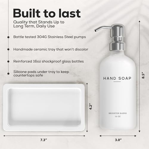 White Glass Hand and Dish Soap Dispenser Set - Kitchen Soap Dispenser Set with Tray & Pump for Office, Hotel, Vacation Rental, Airbnb - Modern Kitchen Decor & Accessories (White)