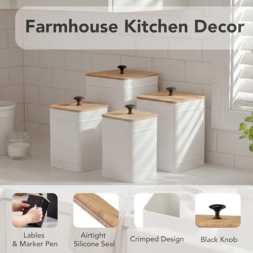 Kitchen Canisters, Airtight Canister Sets for Kitchen Counter, Kitchen Canisters for Countertop Set of 4, Coffee Tea Sugar Flour Spice Tin Jars Food Storage Container with Lid(White)