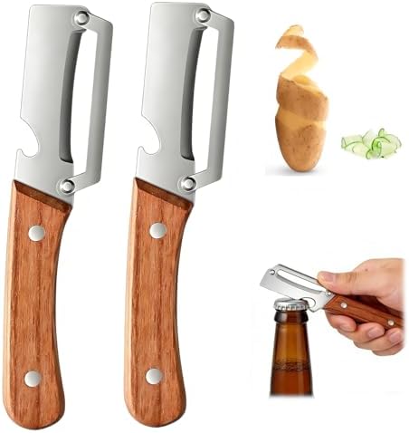 2 Pack Multifunctional Vegetable Peeler,Stainless Steel Peeler with Wooden Handle& Bottle Opener, 2 in 1 Vegetable Peeler for Kitchen, Zero Snag Wooden Kitchen Tool for Potato, Apple)