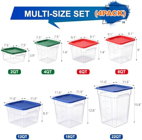 4Pack - 4QT Food Storage Containers with Lids & Handles, Polycarbonate Clear Airtight Food Container with Scale Marks for Bread Proofing, Flour, Commercial Grade, Restaurant & Kitchen, Square, Green
