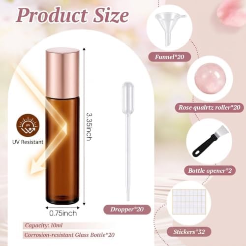 20 Pack Glass Roller Bottles for Essential Oils, 10ml, Pink, Rose Quartz - Image 4