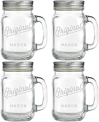 Mason Jar 16 Oz. Glass Mugs with Handle and Lid Set Of 4 - Home Essentials & Beyond - Old Fashioned Drinking Glass Bottles Original Mason Jar Pint Sized Cup Set.